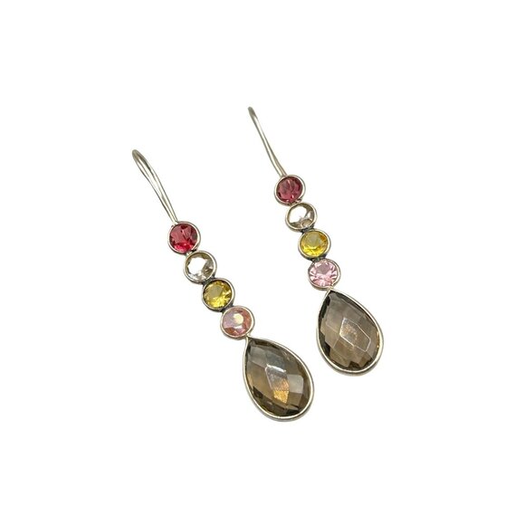 Sterling Silver Dangles Earrings Colorful Open Back Bezel Set Pastel Gemstones - Picture 1 of 7